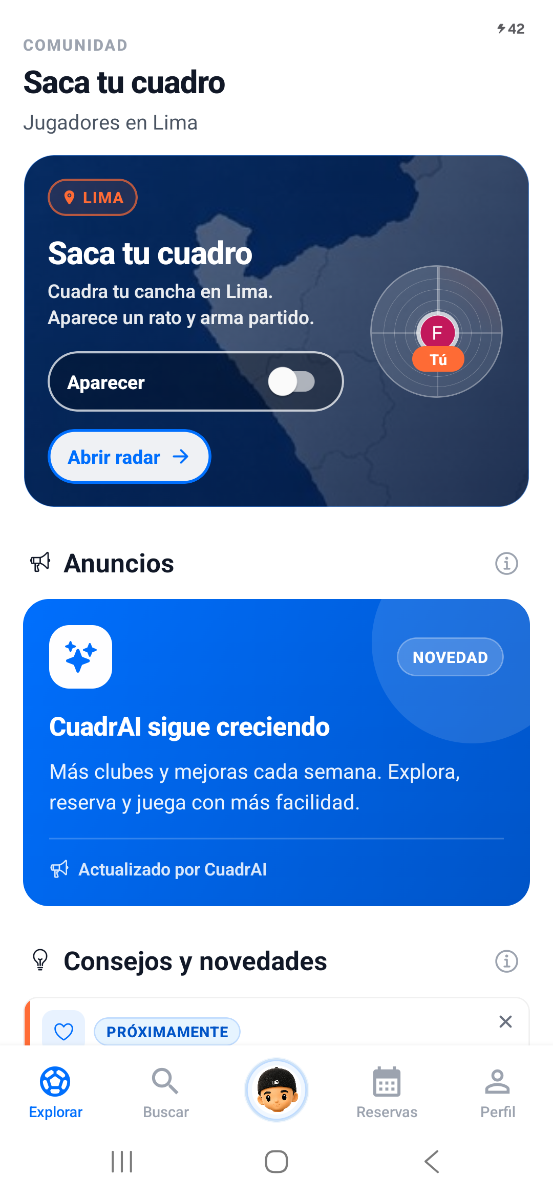 Pantalla de comunidad de CuadrAI