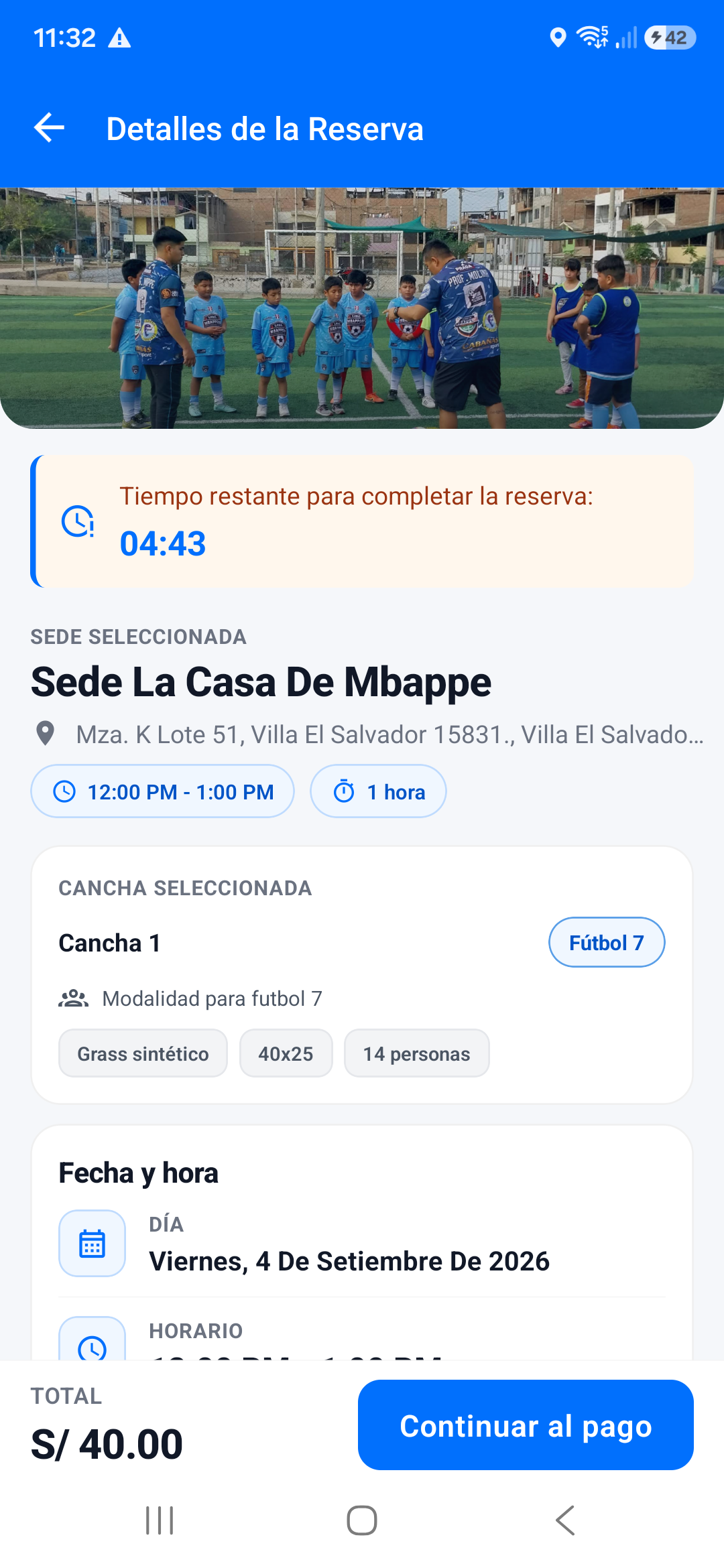 Pantalla de detalle y pago de una reserva en CuadrAI