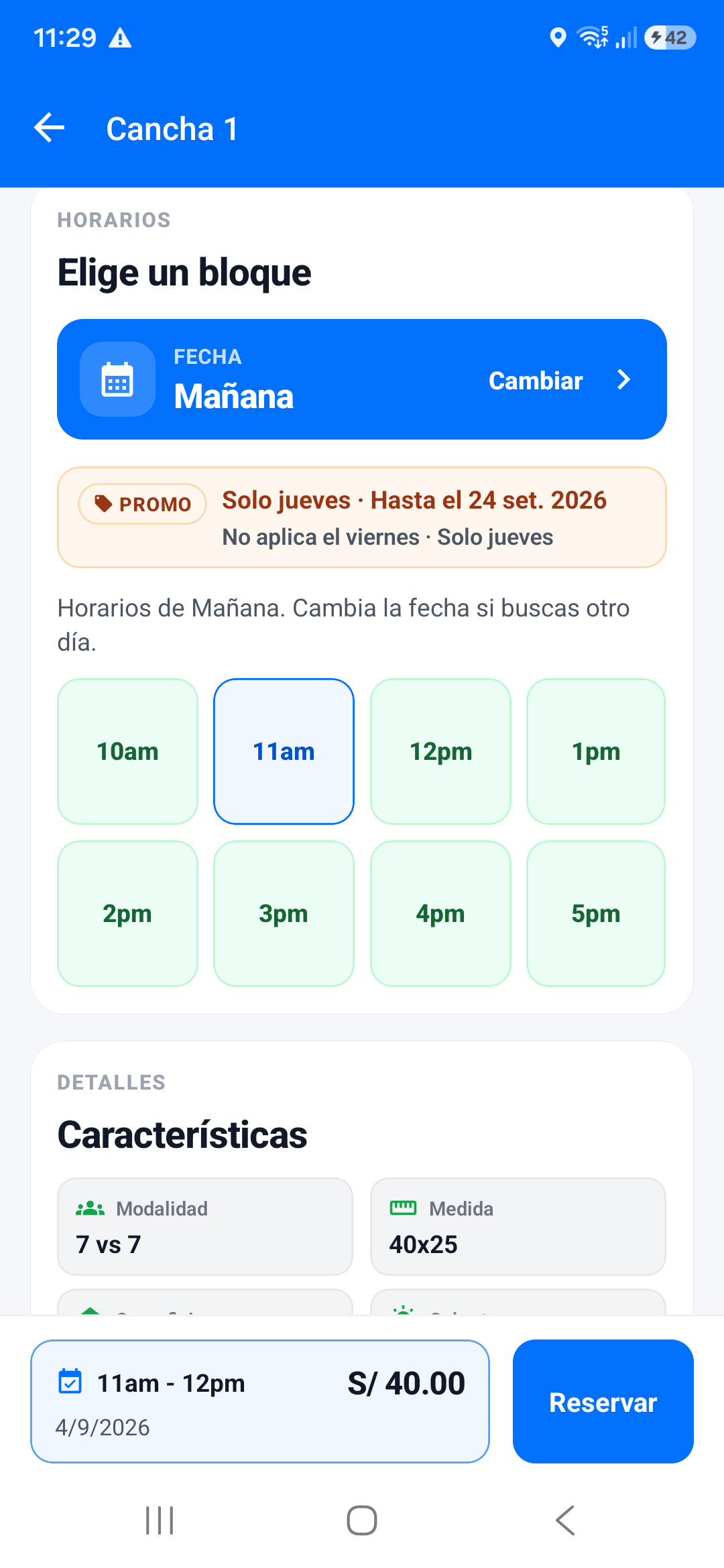 Pantalla de horarios disponibles de CuadrAI