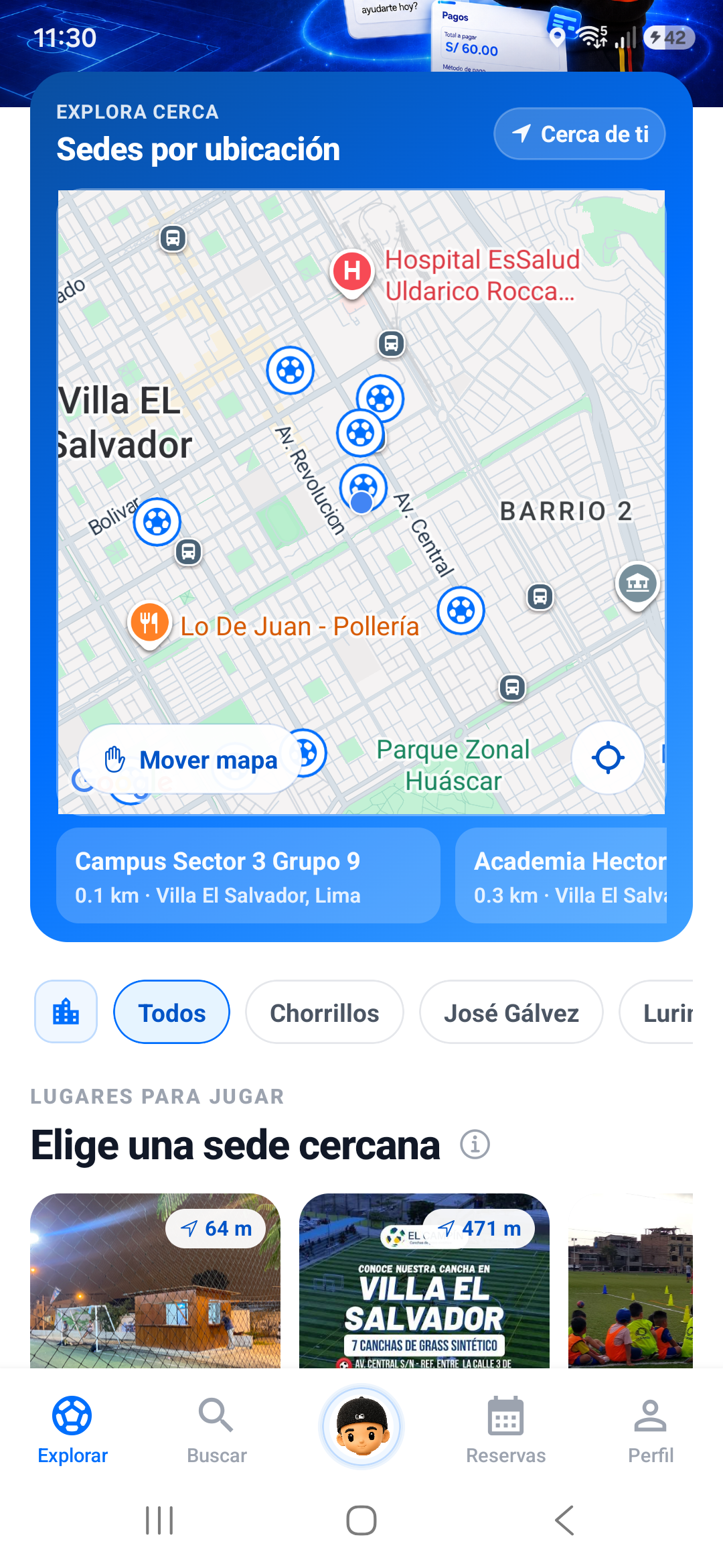 Pantalla de sedes cercanas de CuadrAI
